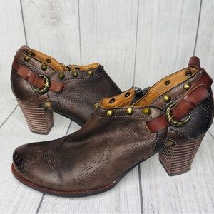 L’Artiste‎ Spring Step Kacie Brown Leather Studded Ankle Boot Size 41/US 9.5-10